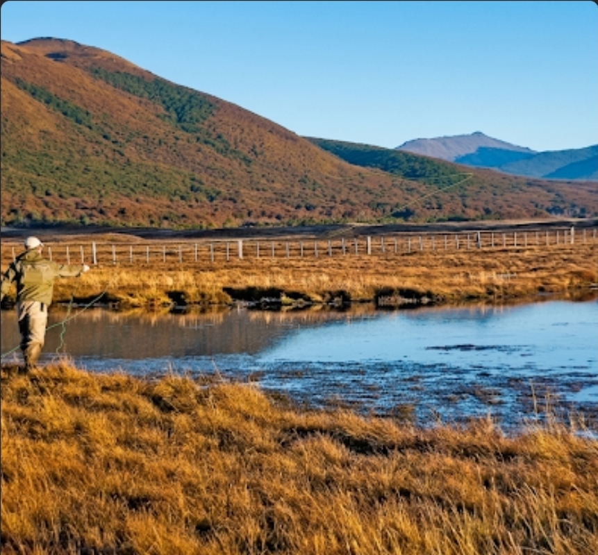 Lago entre montañas nevadas en otoño